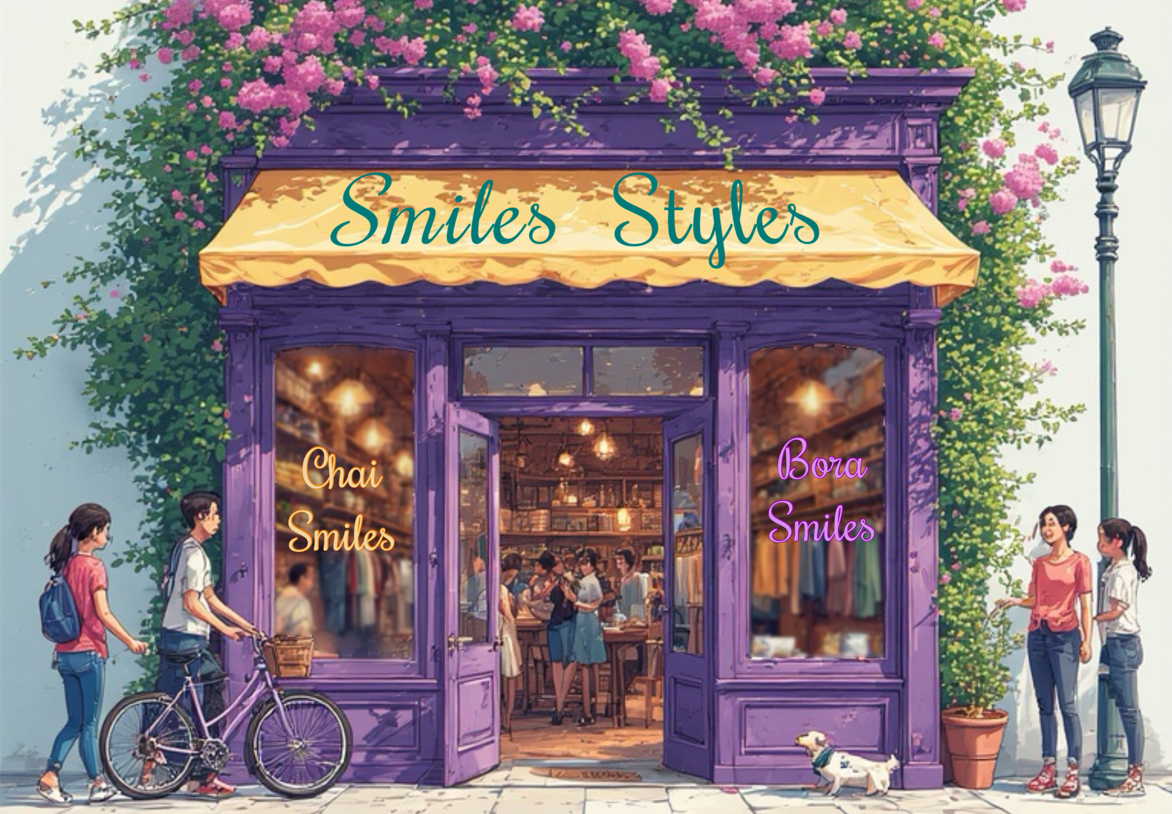 Purple store with yellow awning and 'Styles' sign, people walking by, and flowers on building. Left window pain says Chai Smiles, and right window says Bora Smiles.